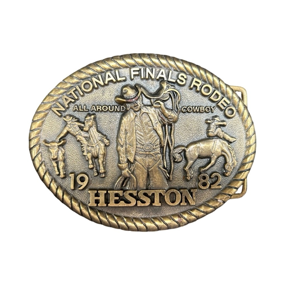 1982 Vintage Hesston NFR Belt Buckle - 8th Edition - Brass Tone Western